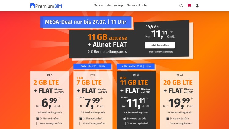 PremiumSIM Allnet Flat mit 11 GB für 11,11 Euro (Screenshot: premiumsim.de) PremiumSIM Allnet Flat mit 11 GB für 11,11 Euro