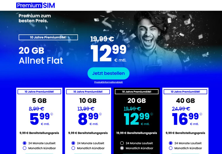 LTE All Tarif mit 20 GB für 12,99 Euro (Screenshot: premiumsim.de) PremiumSIM LTE All Tarif mit 20 GB für 12,99 Euro