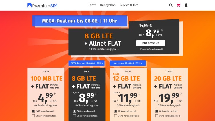PremiumSIM: 8 GB LTE All Net für 8,99 Euro (Screenshot: premiumsim.de) PremiumSIM: 8 GB LTE All Net für 8,99 Euro