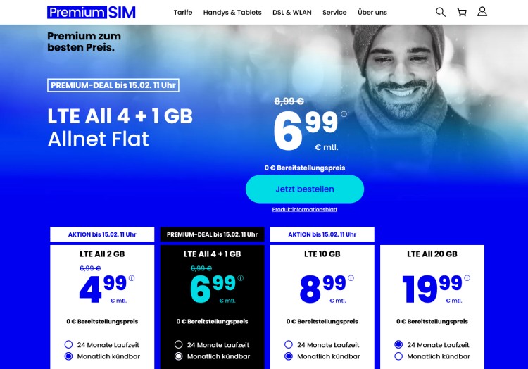 PremiumSIM: 5 GB Datenvolumen für 6,99 Euro