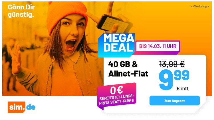 sim.de Allnet Flat 40 GB für 9,99 Euro (Bild: sim.de) sim.de Allnet Flat 40 GB für 9,99 Euro