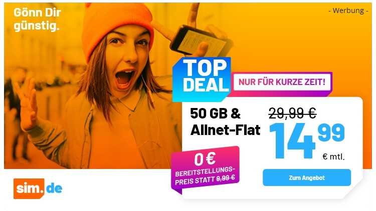 sim.de Allnet Flat 50 GB für 14,99 Euro (Bild: sim.de) sim.de Allnet Flat 50 GB für 14,99 Euro