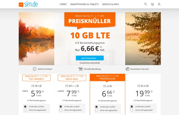 sim.de: 10 GB + 60 Freiminuten für 6,66 Euro