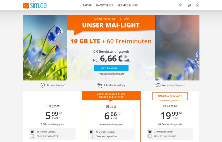 sim.de 10 GB LTE-Tarif mit 60 Freiminuten für 6,66 Euro