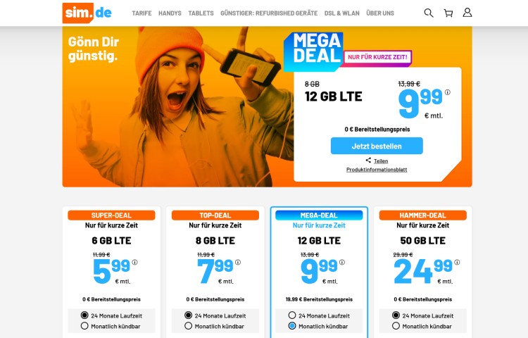 LTE-Vertrag von sim.de mit 12 GB für 9,99 Euro