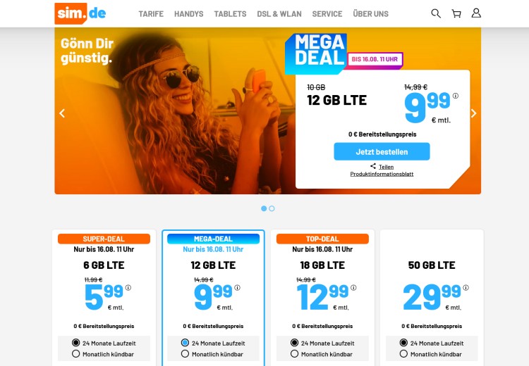 sim.de LTE All Tarif mit 12 GB für 9,99 Euro