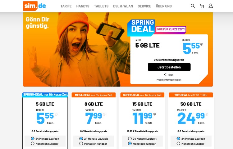 LTE-Vertrag mit 15 GB für 11,99 Euro (Screenshot: sim.de) Aktionstarif von sim.de: 15 GB für 11,99 Euro