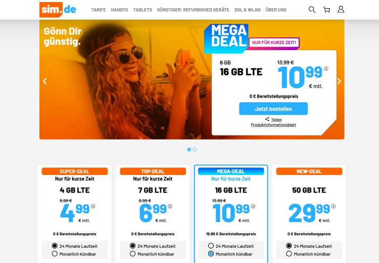 sim.de LTE All Tarif mit 16 GB für 10,99 Euro