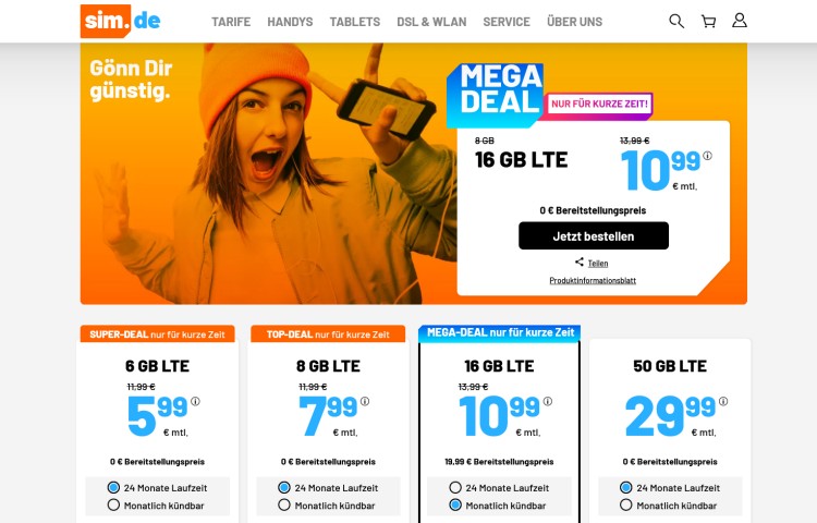 sim.de LTE All Tarif mit 16 GB für 10,99 Euro