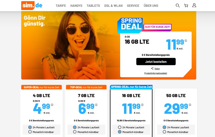 LTE-Vertrag mit 16 GB für 11,99 Euro (Screenshot: sim.de) LTE-Vertrag von sim.de mit 16 GB für 11,99 Euro