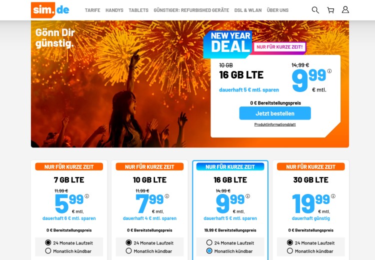 LTE All Tarif mit 16 GB für 9,99 Euro (Screenshot: sim.de) sim.de LTE All Tarif mit 16 GB mit für 9,99 Euro
