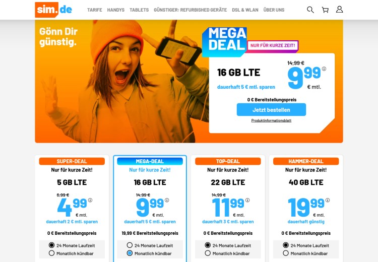 LTE All Tarif mit 16 GB für 9,99 Euro (Screenshot: sim.de) sim.de LTE All Tarif mit 16 GB mit für 9,99 Euro