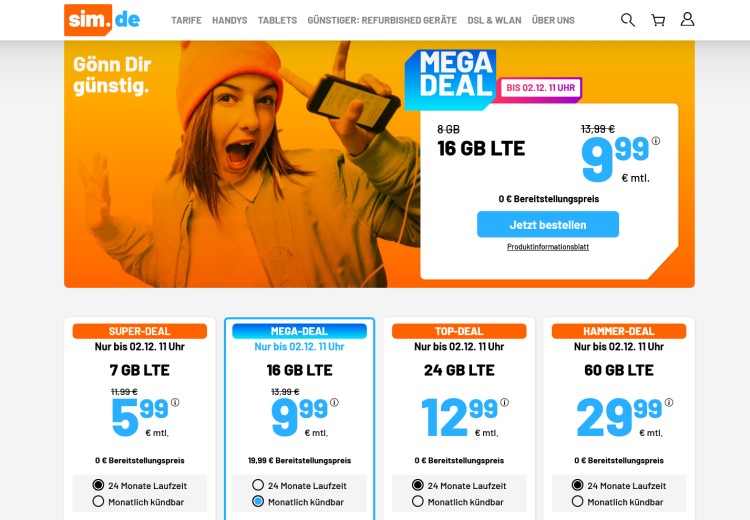 sim.de LTE All Tarif mit 16 GB mit für 9,99 Euro