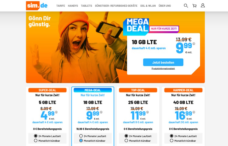 LTE All Tarif mit 18 GB für 9,99 Euro (Screenshot: sim.de) sim.de LTE All Tarif mit 18 GB mit für 9,99 Euro