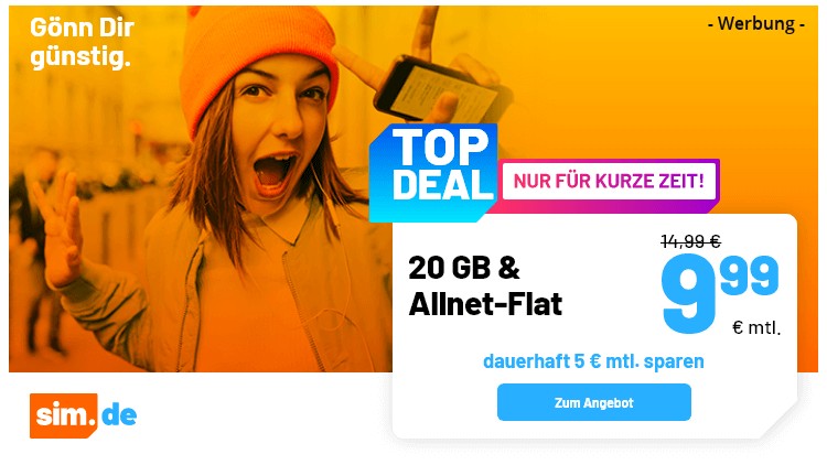 LTE All Tarif mit 20 GB für 9,99 Euro (Screenshot: sim.de) sim.de LTE All Tarif mit 20 GB für 9,99 Euro