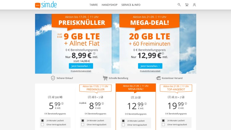 sim.de: 20 GB und 60 Freiminuten für 12,99 Euro