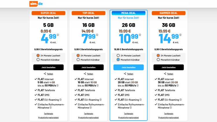 LTE All Tarif mit 26 GB für 10,99 Euro (Screenshot: sim.de) sim.de LTE All Tarif mit 26 GB für 10,99 Euro