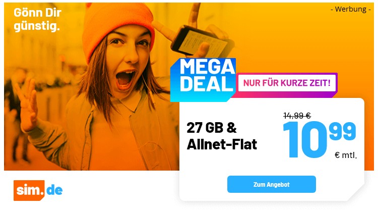 sim.de LTE All Tarif mit 27 GB für 10,99 Euro