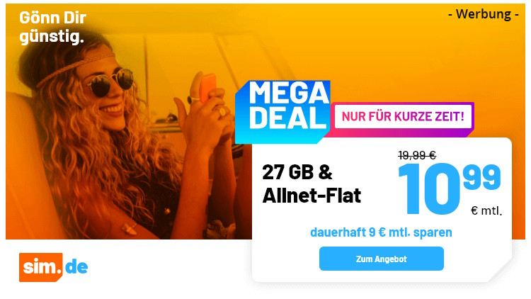 sim.de LTE All Tarif mit 27 GB für 10,99 Euro