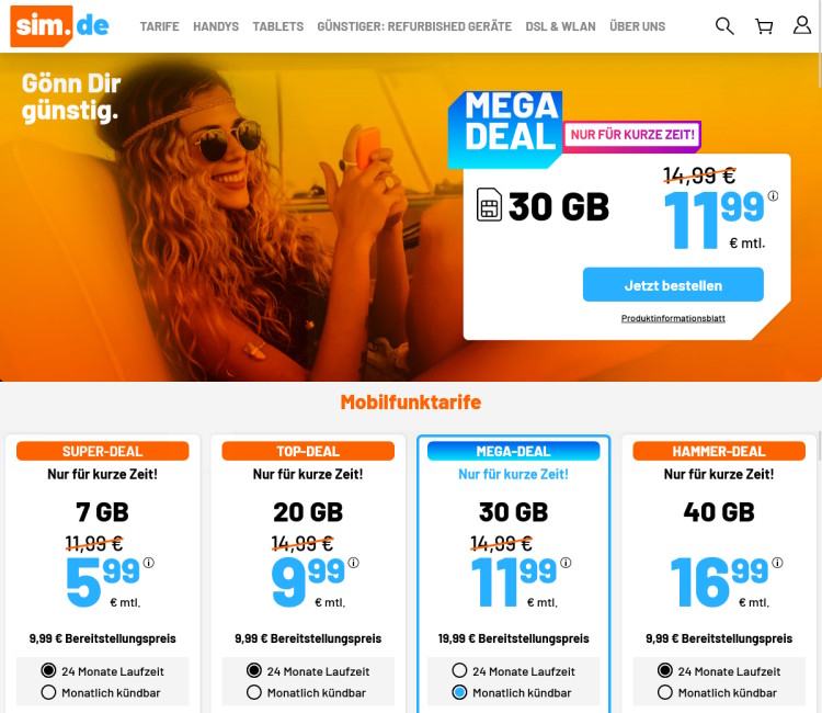 LTE All Tarif mit 30 GB für 11,99 Euro (Screenshot: sim.de) sim.de LTE All Tarif mit 30 GB für 11,99 Euro