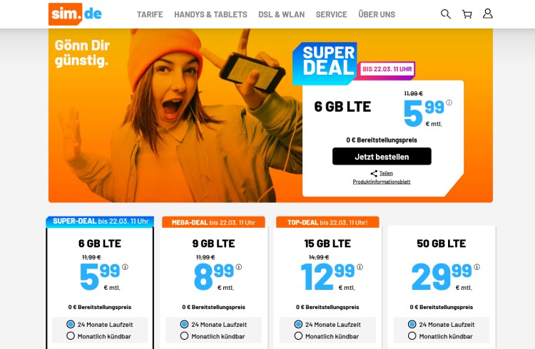 Aktion: LTE-Tarif mit 6 GB für 5,99 Euro pro Monat (Screenshot: sim.de) sim.de-Aktion: LTE-Tarif mit 6 GB für 5,99 Euro pro Monat