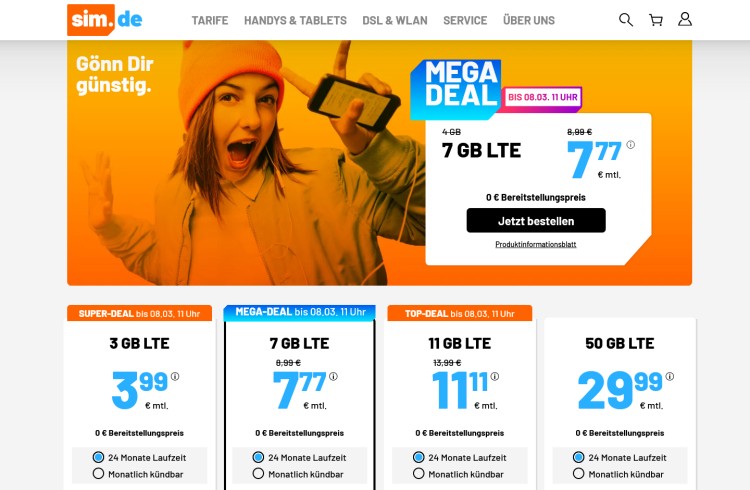 sim.de-Aktion: LTE-Tarif mit 7 GB für 7,77 Euro pro Monat
