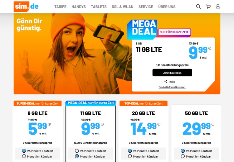 sim.de-Aktion: LTE-Tarif mit 11 GB für 9,99 Euro pro Monat