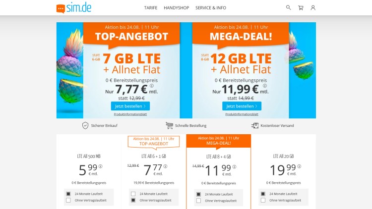 sim.de: LTE 7 GB Tarif für 7,77 Euro (Screenshot: sim.de) sim.de: LTE 7 GB Tarif für 7,77 Euro