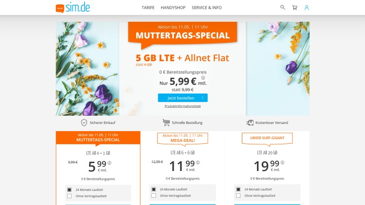 sim.de Allnet-Flatrate mit 5 GB LTE Datenvolumen für 5,99 Euro (Screenshot: sim.de) sim.de Allnet-Flatrate mit 5 GB LTE Datenvolumen für 5,99 Euro