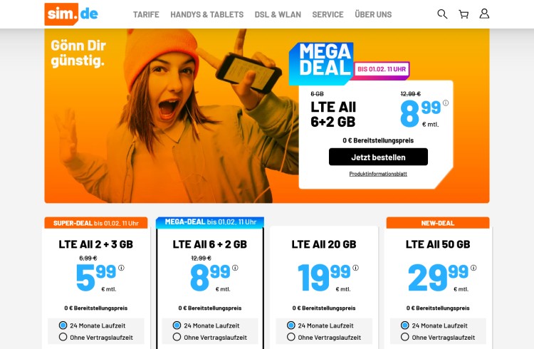 sim.de: 8 GB Allnet-Flat für 8,99 Euro sim.de: 8 GB Allnet-Flat für 8,99 Euro