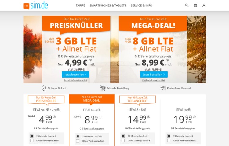 sim.de: 8 GB Allnet-Flat für 8,99 Euro sim.de: 8 GB Allnet-Flat für 8,99 Euro