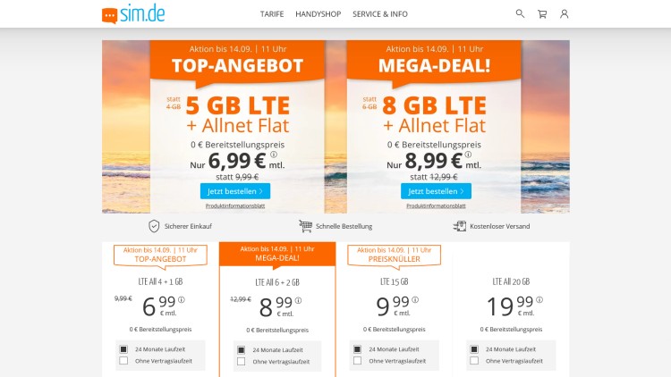 sim.de: 8 GB Allnet-Flat für 8,99 Euro