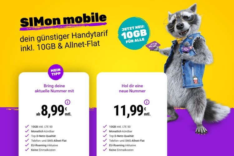 SIMon mobile: Dauerhaft 10 Gigabyte Datenvolumen für alle