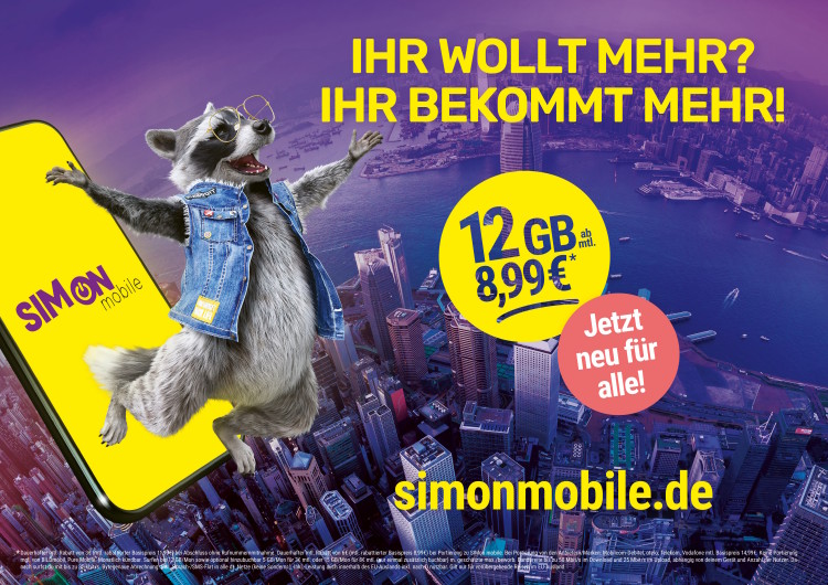 SIMon mobile Basistarif mit 12 GB Daten ab 8,99 Euro (Bild: SIMon mobile) SIMon mobile Basistarif mit 12 GB Daten ab 8,99 Euro