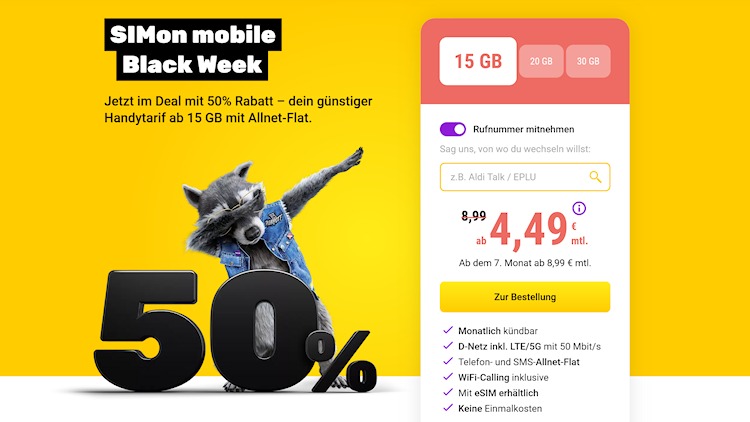 Black Week-Deal: SIMon mobile halbiert die Preise (Screenshot: simonmobile.de) Black Week-Deal: SIMon mobile halbiert die Preise