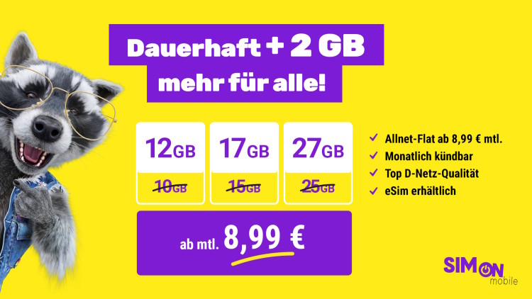 SIMon mobile Tarife mit dauerhaft +2 GB mehr (Bild: SIMon mobile) SIMon mobile Tarife mit dauerhaft +2 GB mehr