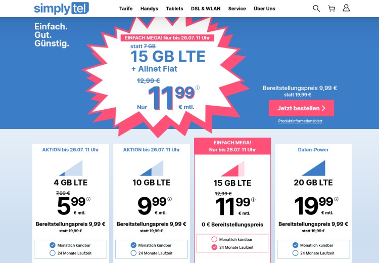 simplytel: Allnet-Flat mit 15 GB Daten für 11,99 Euro