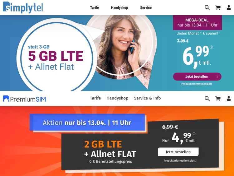Aktionstarife bei simplytel und PremiumSIM bis 13.04.2021