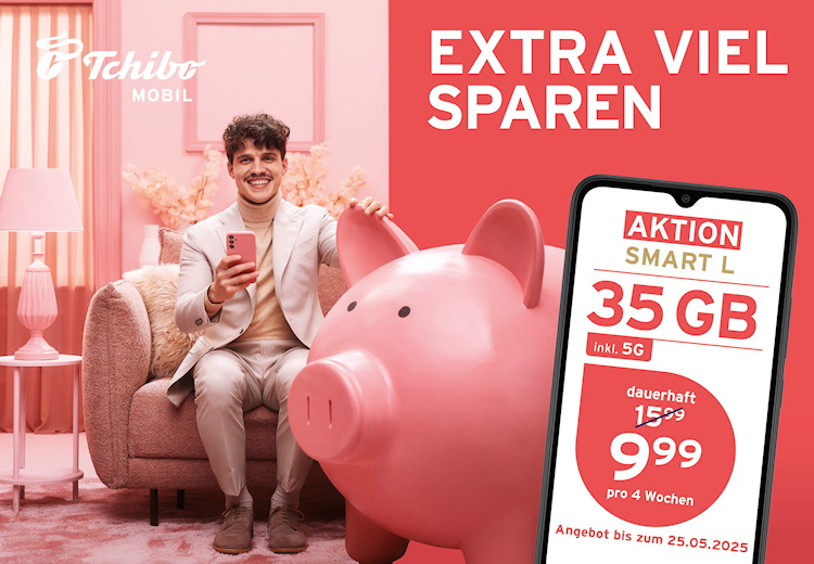 Aktionstarif von Tchibo Mobil: 35 GB für 9,99 Euro (Bild: Tchibo Mobil) Tchibo Mobil Smart L mit 35 GB Datenvolumen für 9,99 Euro