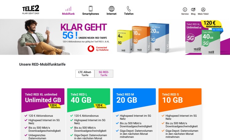 Tele2 RED Mobilfunktarife mit 5G und Spendenmechanik (Screenshot: tele2.de) Tele2 RED Tarife