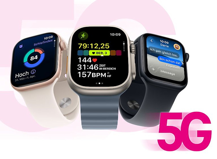 Die neusten Modelle der Apple Watch funken bei der Telekom mit 5G (Bild: Apple/Deutsche Telekom) Die neusten Modelle der Apple Watch funken bei der Telekom mit 5G