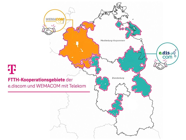 FTTH-Kooperationsgebiete der e.discom und WEMACOM mit Telekom (Bild: Deutsche Telekom) FTTH-Kooperationsgebiete der e.discom und WEMACOM mit Telekom