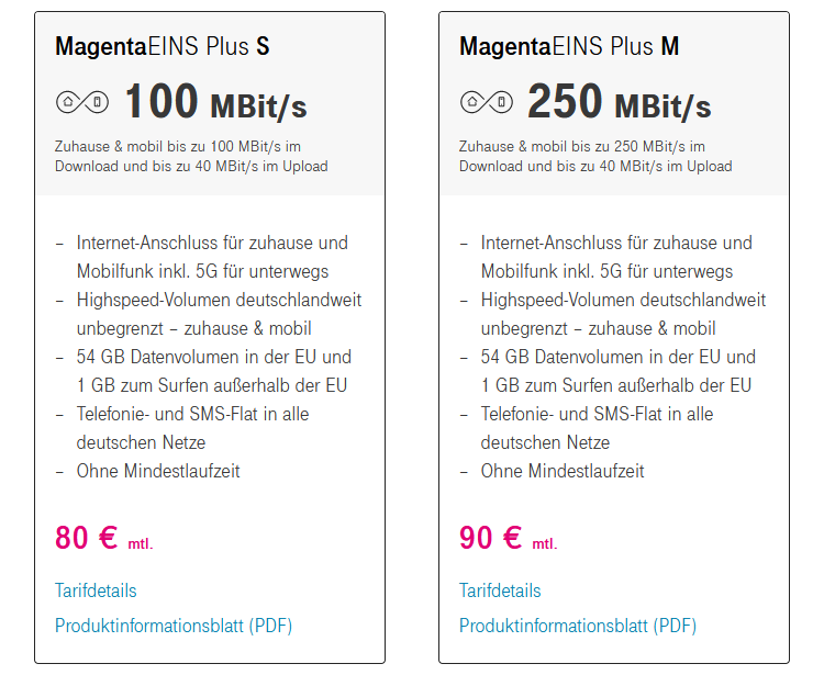 Telekom MagentaEins Plus Tarife (Screenshot: telekom.de) Telekom MagentaEins Plus Tarife
