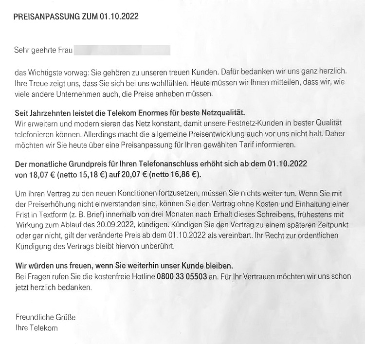 Telekom: Preisanpassung für analogen Telefonanschluss zum 01.10.2022