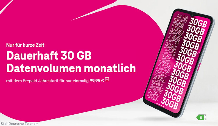 MagentaMobil Prepaid Jahrestarif mit dauerhaft 30 GB Datenvolumen im Monat (Bild: Deutsche Telekom) Telekom MagentaMobil Prepaid Jahrestarif mit dauerhaft 30 GB Datenvolumen im Monat