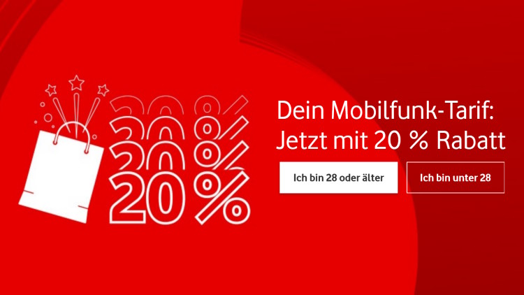 Vodafone: 20 Prozent Rabatt auf die Tarife GigaMobil XS bis XL und GigaMobil Young S bis XL (Screenshot: Vodafone.de) Vodafone: 20 Prozent Rabatt auf GigaMobil und GigaMobil Young Mobilfunktarife