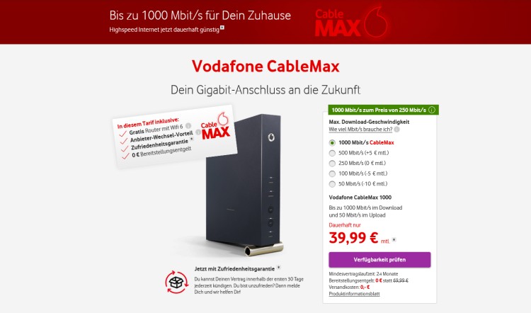 Vodafone CableMax 1000 Tarif für 39,99 Euro monatlich (Screenshot: vodafone.de) Vodafone CableMax 1000 Tarif für 39,99 Euro monatlich