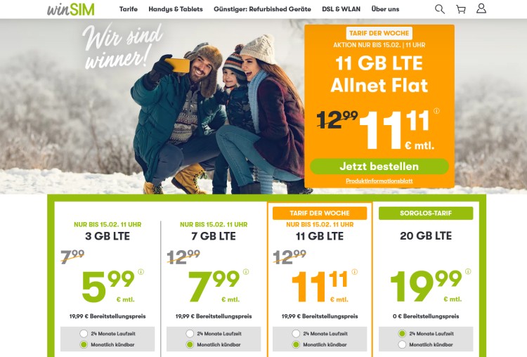 winSIM: 11 GB Datenvolumen für 11,11 Euro