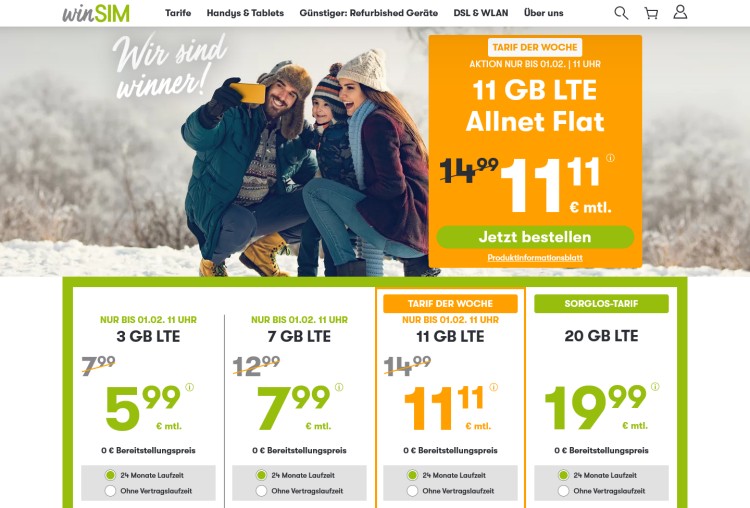 winSIM: 11 GB Datenvolumen für 11,11 Euro winSIM: 11 GB Datenvolumen für 11,11 Euro