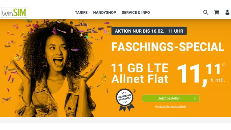 winSIM Karnevalsspezial: 11 GB für 11,11 Euro im Monat